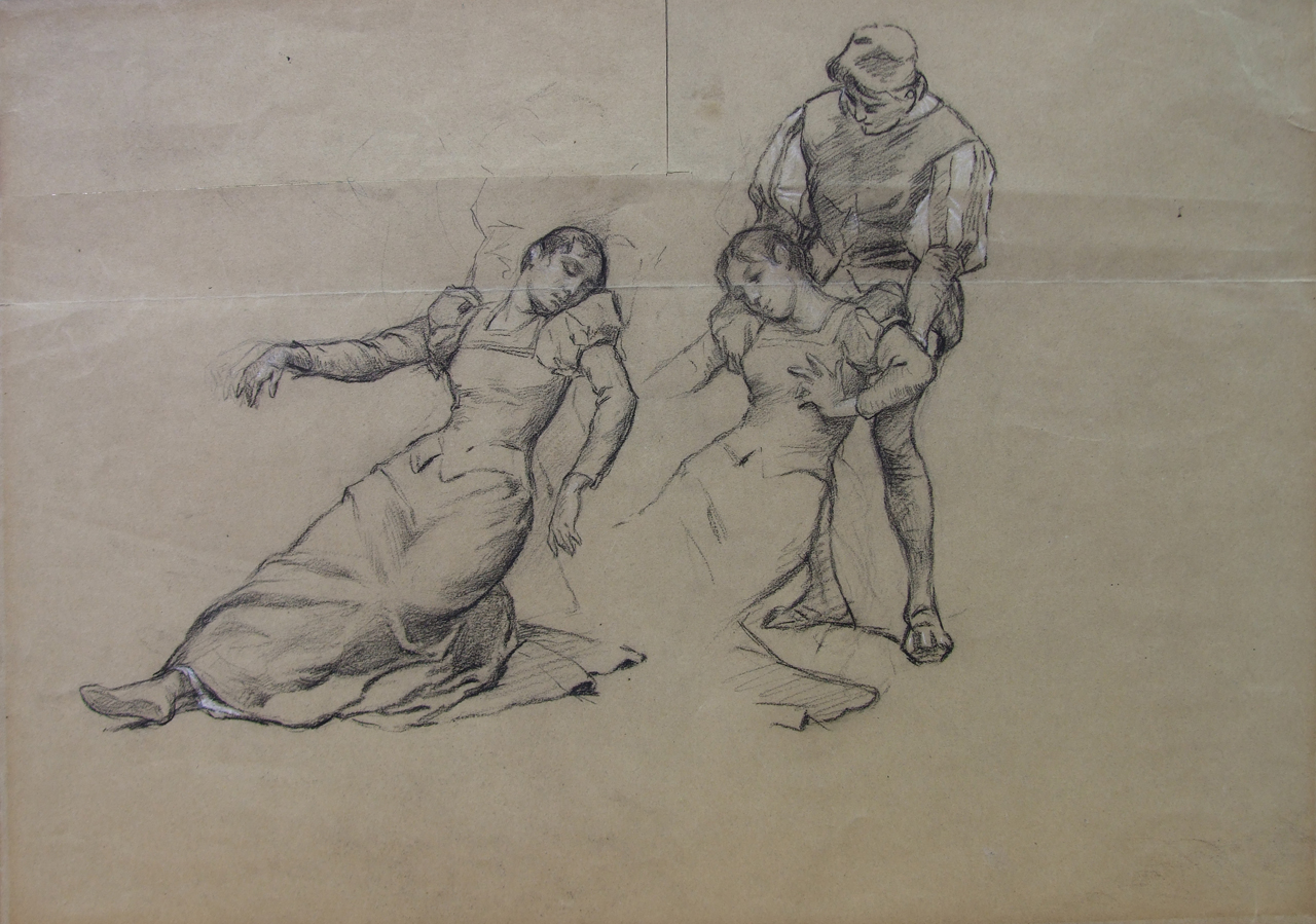 Donna svenuta soccorsa, studio di donna svenuta soccorsa da un uomo (disegno) di Aldi Pietro (XIX)