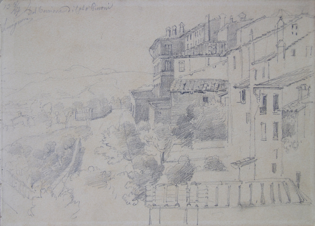 Dal Torrione di Casa Picconi Lucignano, veduta di Lucignano (disegno) di Aldi Pietro (XIX)