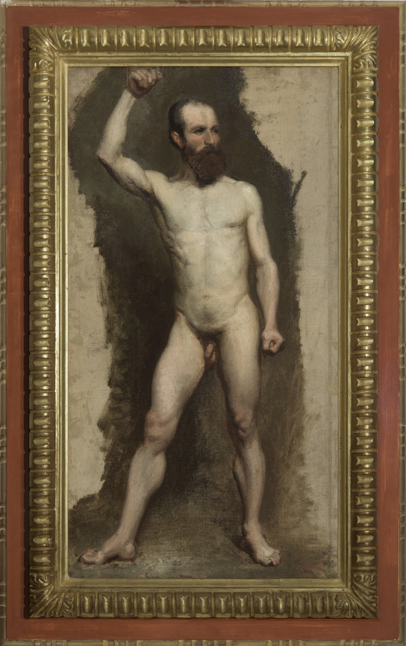 Studio di nudo maschile in posa eroica, studio di nudo maschile in piedi veduto di fronte (dipinto) di Aldi Pietro (XIX)