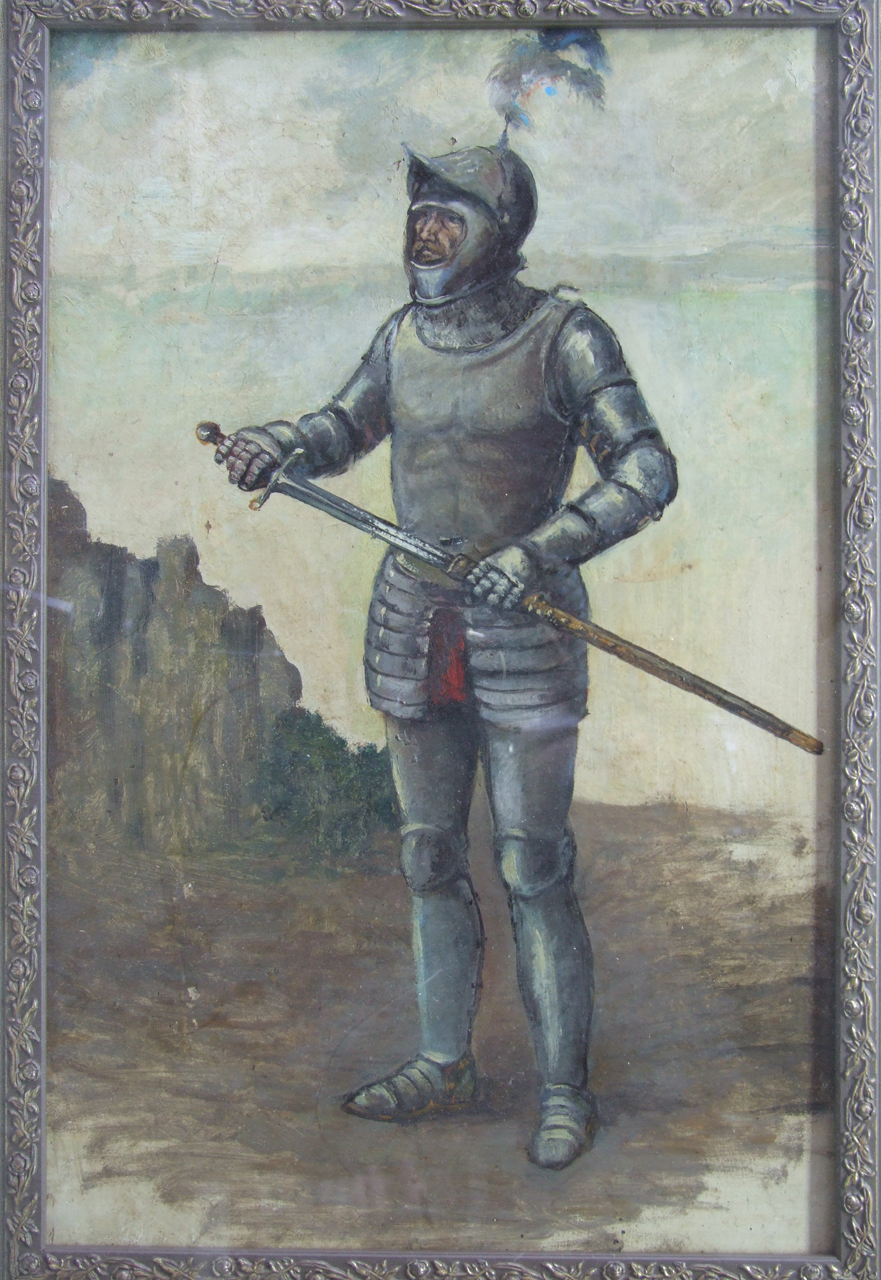 Bozzetto per un guerriero rinascimentale, soldato con armatura e spada in un paesaggio (dipinto) di Aldi Pietro (XIX)