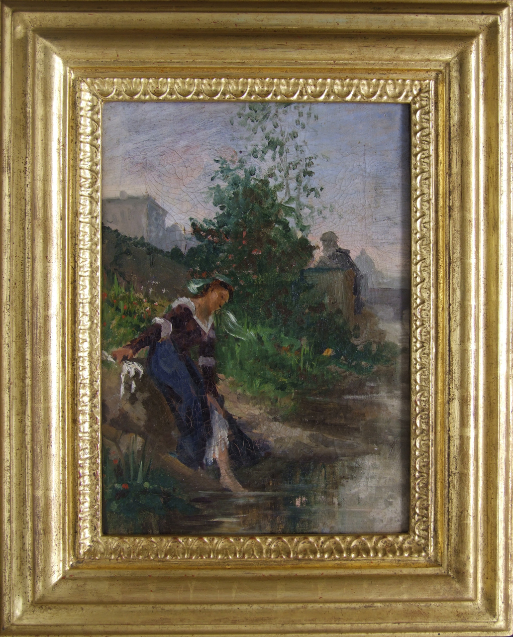 Bozzetto per l'opera La Fornarina sorpresa da Raffaello, paesaggio fluviale con la Fornarina sorpresa da Raffaello (dipinto) di Aldi Pietro (XIX)