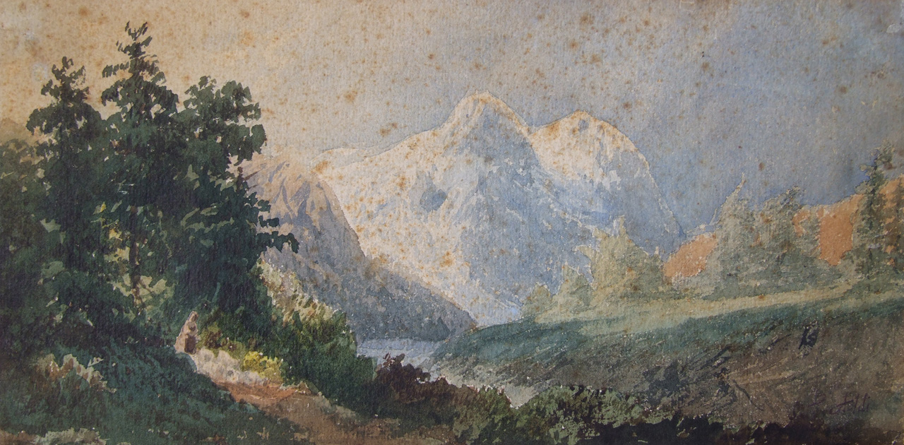 Paesaggio di montagna, paesaggio di montagna con cime innevate (dipinto) di Aldi Pietro (XIX)