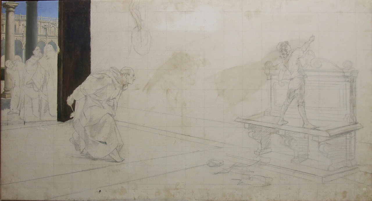 Salvator Rosa bambino sorpreso dai frati mentre dipinge sui muri della Certosa di Napoli, Salvator Rosa bambino disegna sui muri del convento dei frati Certosini (disegno) di Aldi Pietro (XIX)