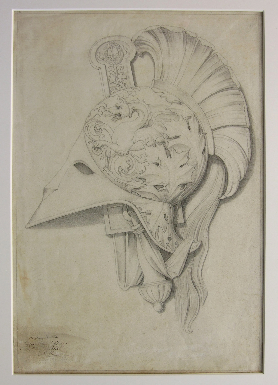 Elmo da parata, elemento decorativo con armi (disegno) di Aldi Pietro (XIX)