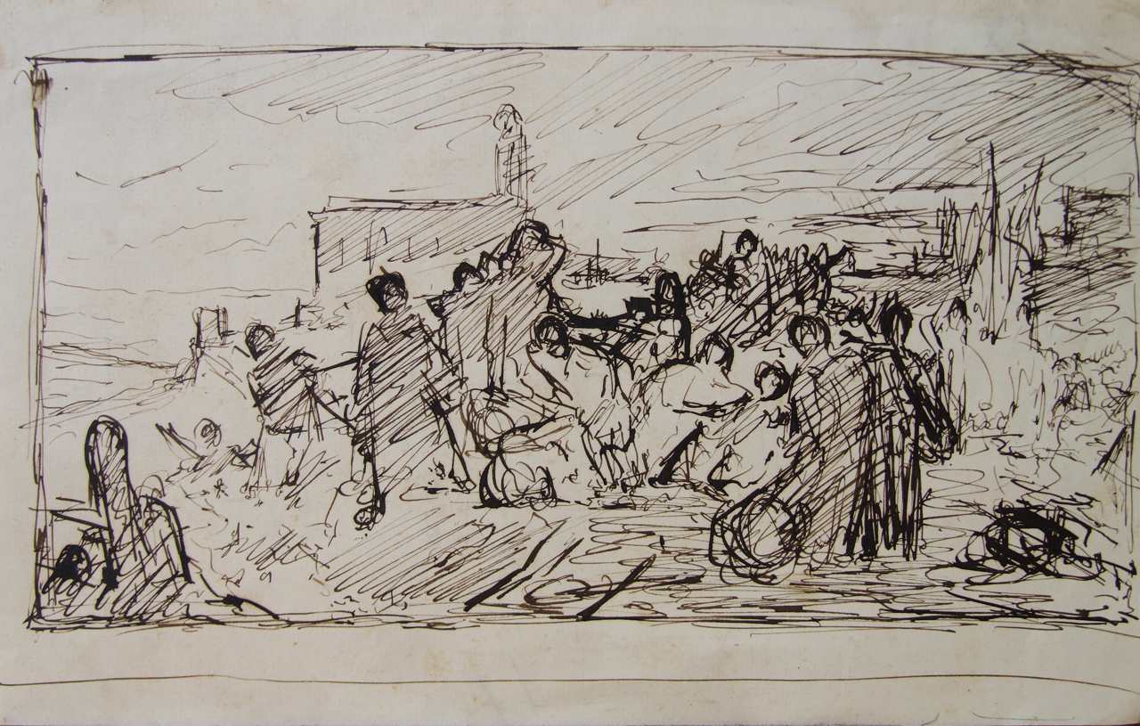 Bozzetto per le donne senesi che lavorano alle fortificazioni e per l'incontro di Vignale, donne senesi lavorano alla costruzione della fortificazione della città, incontro tra Vittorio Emanuele II e il generale Radetzky alla cascina di Vignale (disegno) di Aldi Pietro (XIX)