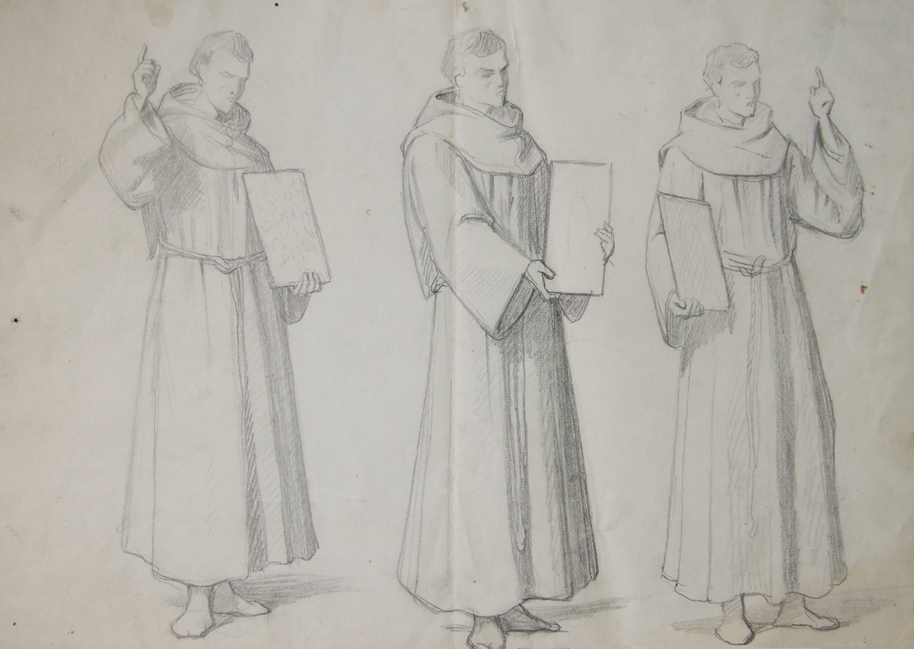 studi di San Bernardino da Siena a figura intera (disegno) di Aldi Pietro (XIX)