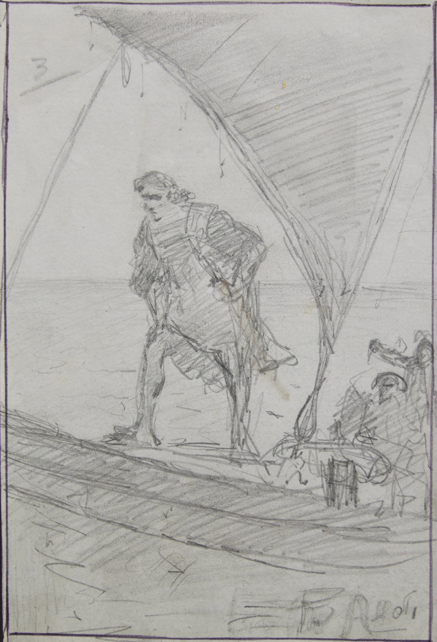 Bozzetto per Cristoforo Colombo (?), figura maschile su una imbarcazione in mezzo al mare (disegno) di Aldi Pietro (XIX)