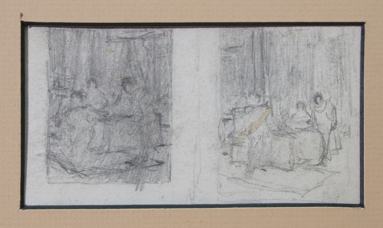 Due studi per scena storica in un interno, due studi di interno con figure (disegno) di Aldi Pietro (XIX)