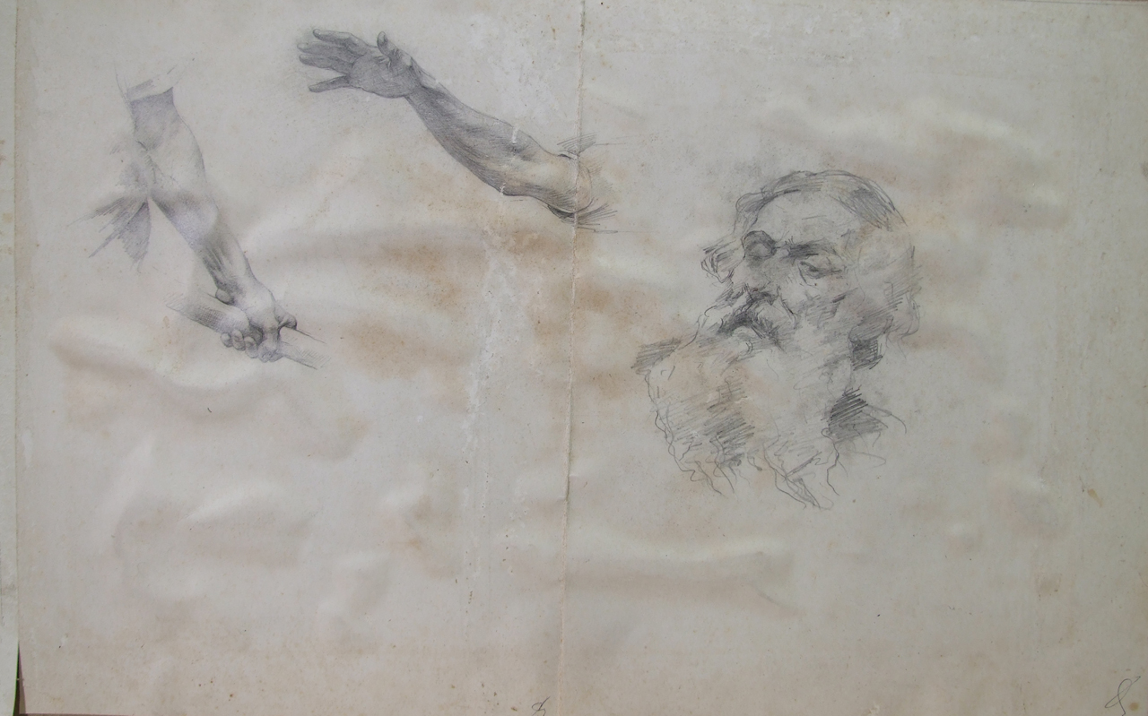 Studi per le donne senesi che lavorano alle fortificazioni, studio di testa maschile e due studi di braccio (disegno) di Aldi Pietro (XIX)