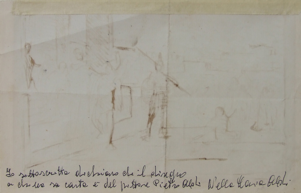 Studio per un soggetto romano, veduta di città con figure e soldati (disegno) di Aldi Pietro (XIX)