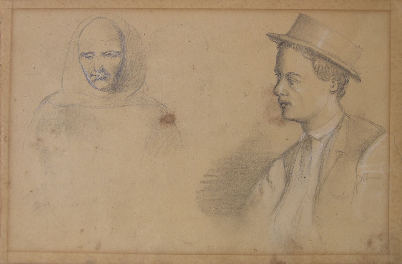 testa di frate certosino e ritratto di giovane a mezza figura (disegno) di Aldi Pietro (XIX)
