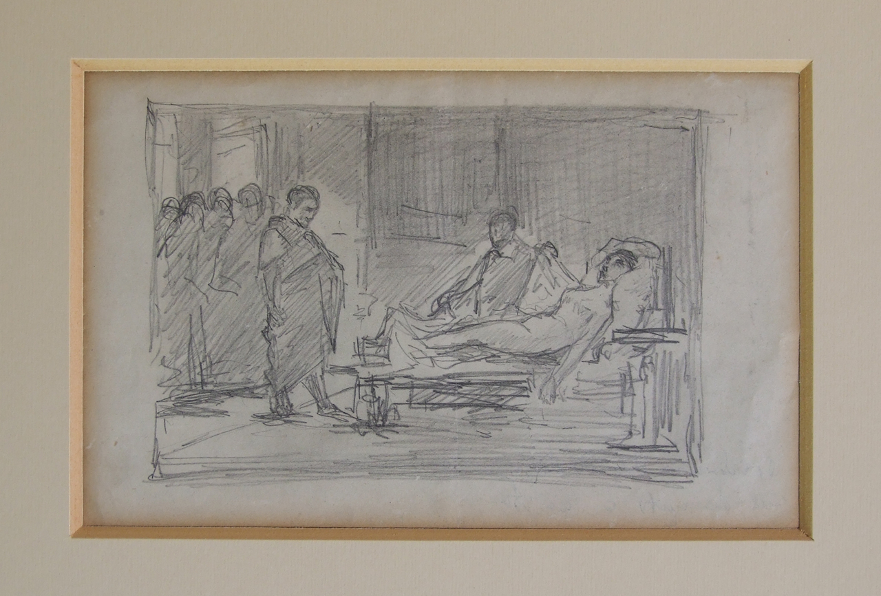 Studio per scena storica, interno con figure (disegno) di Aldi Pietro (XIX)