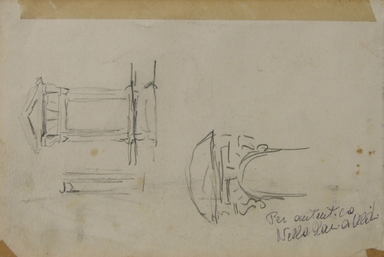 Terrazza con donna affacciata e studi di finestre rinascimentali, terrazza con figura femminile, studi di cornice architettonica (disegno) di Aldi Pietro (XIX)