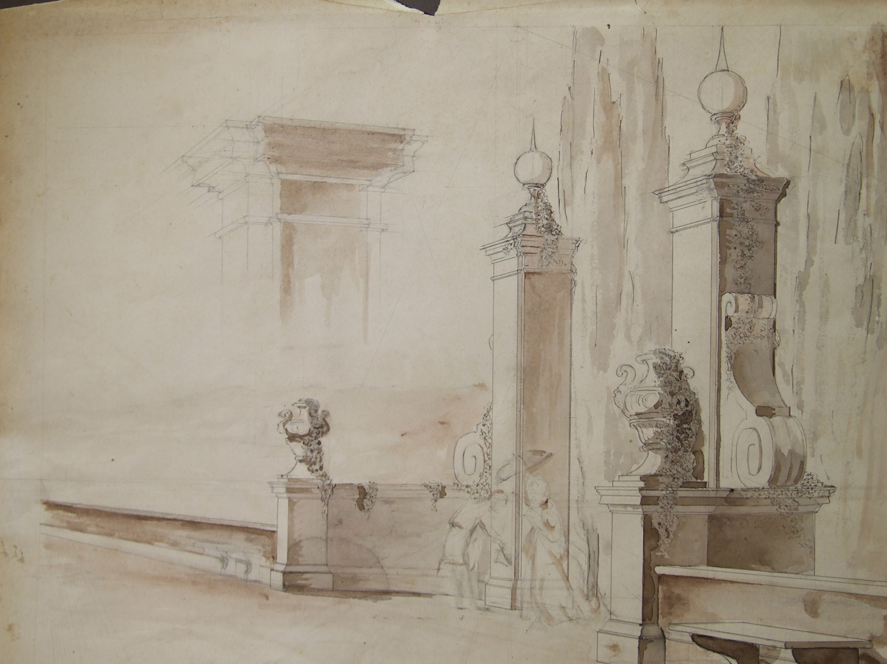 Veduta prospettica di un monumentale ingresso di parco con due figure, ingresso di giardino architettonico con figure, pianta di una cappella (disegno) di Aldi Pietro (XIX)