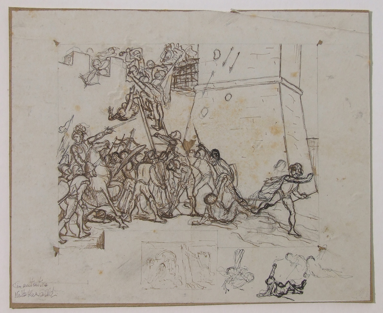 Assalto alle mura, soldati assaltano le mura di una fortezza (disegno) di Aldi Pietro (XIX)