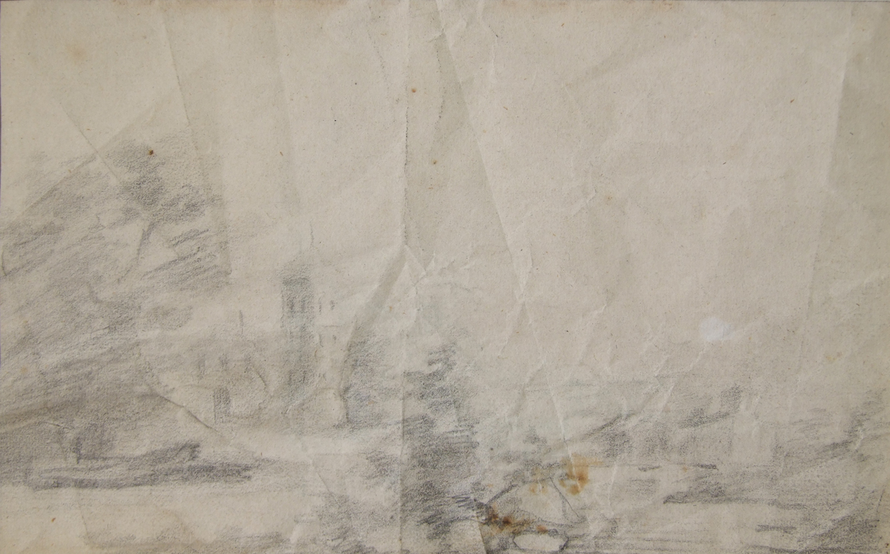 Paesaggio e studio di ornato, Paesaggio con casa e alberi, studio di cornice con motivi decorativi a conchiglia e foglie (disegno) di Aldi Pietro (XIX)