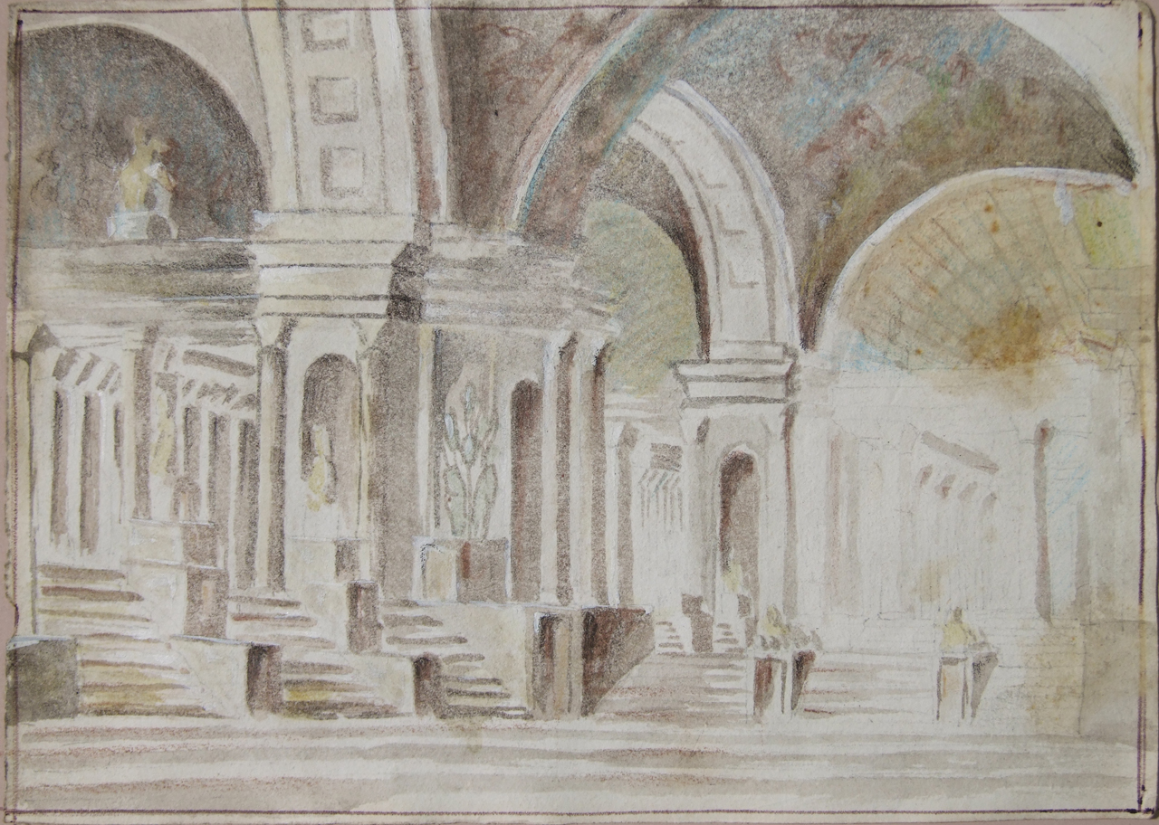 Studio di architettura, interno di edificio con volte, scale e sculture (disegno) di Aldi Pietro (XIX)