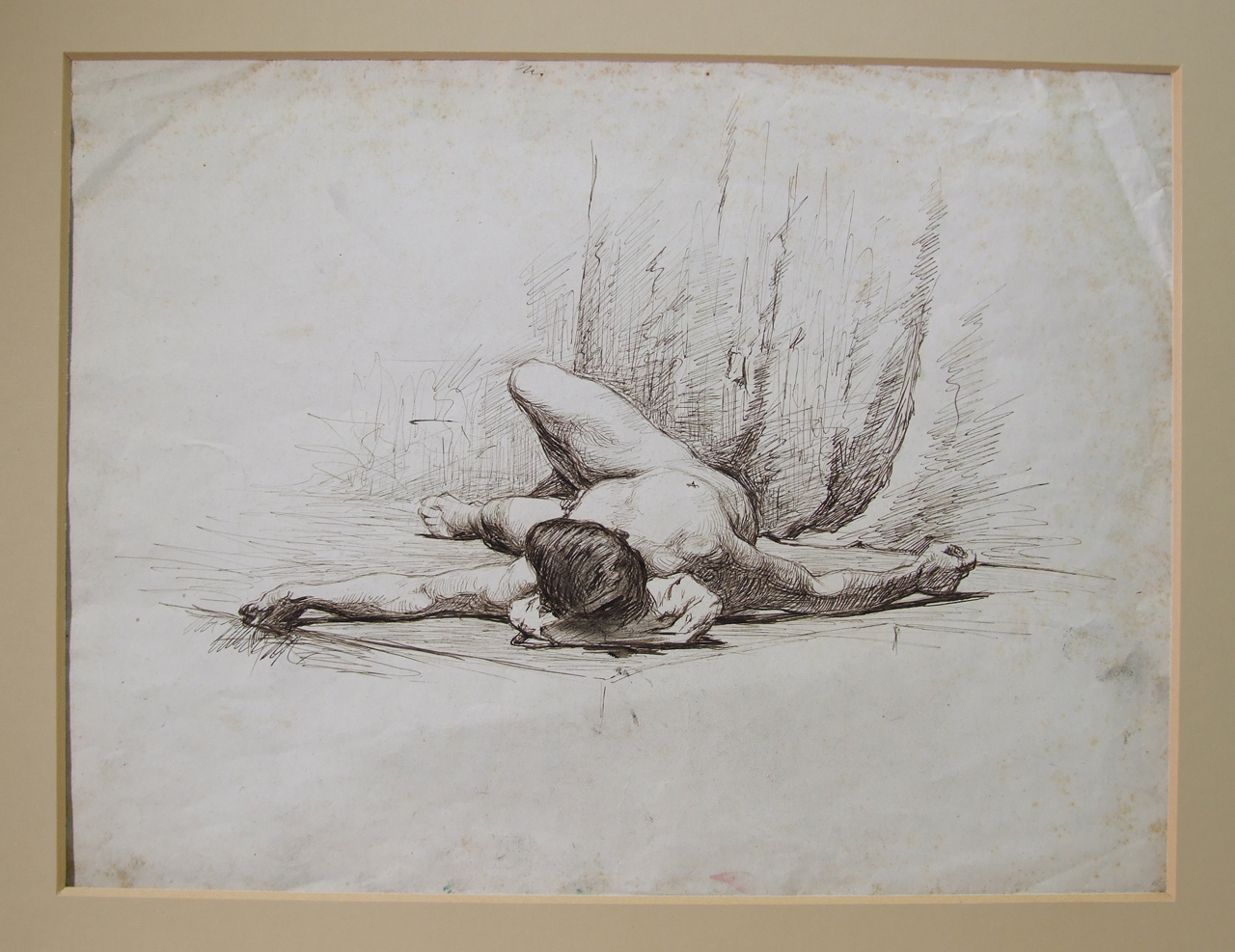 Scorcio di nudo virile disteso, nudo maschile sdraiato sulla schiena (disegno) di Aldi Pietro (XIX)