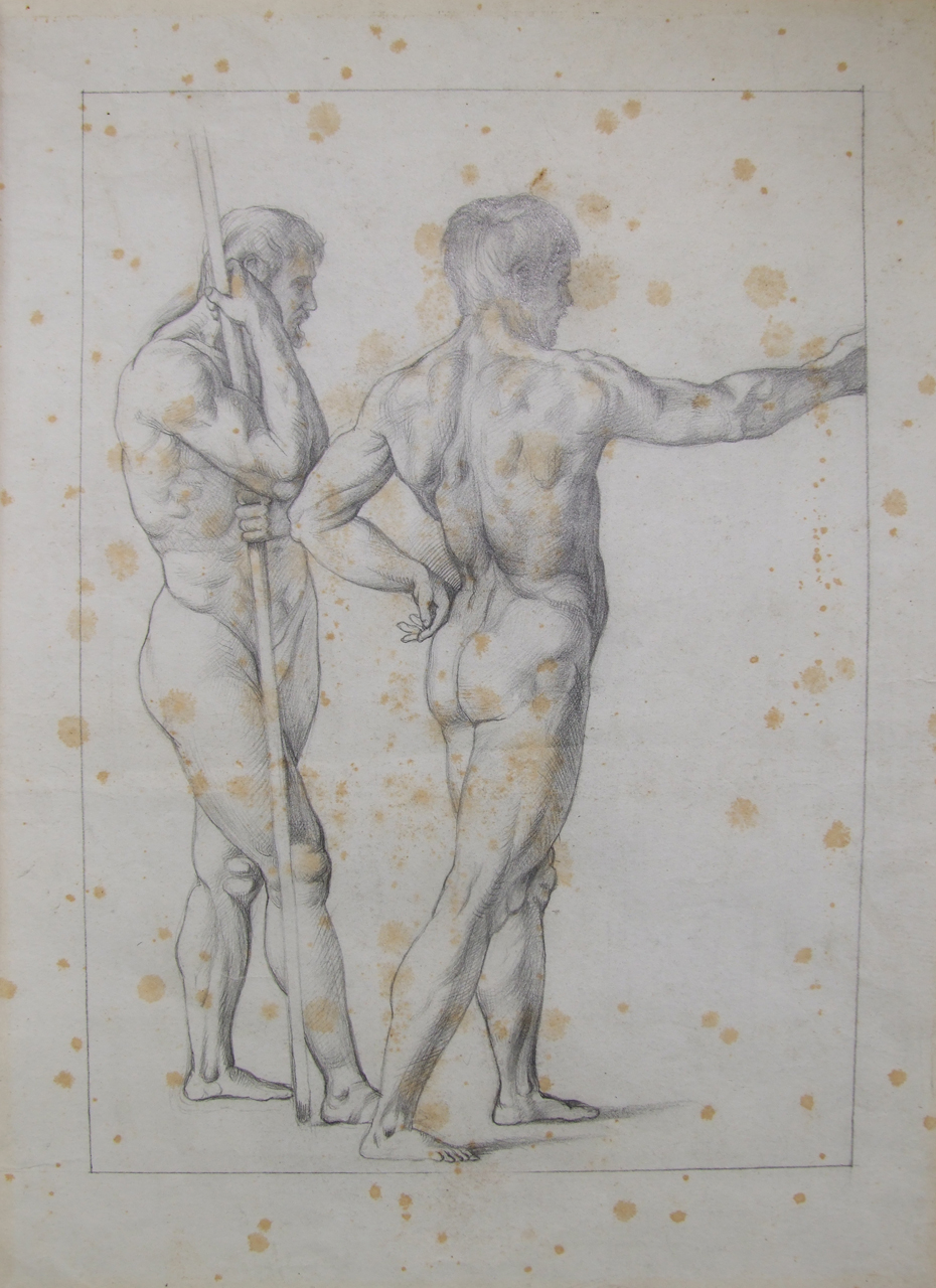 Copia da un disegno di Raffaello, due nudi maschili uno veduto di fronte l'altro veduto da dietro (disegno) di Aldi Pietro (XIX)