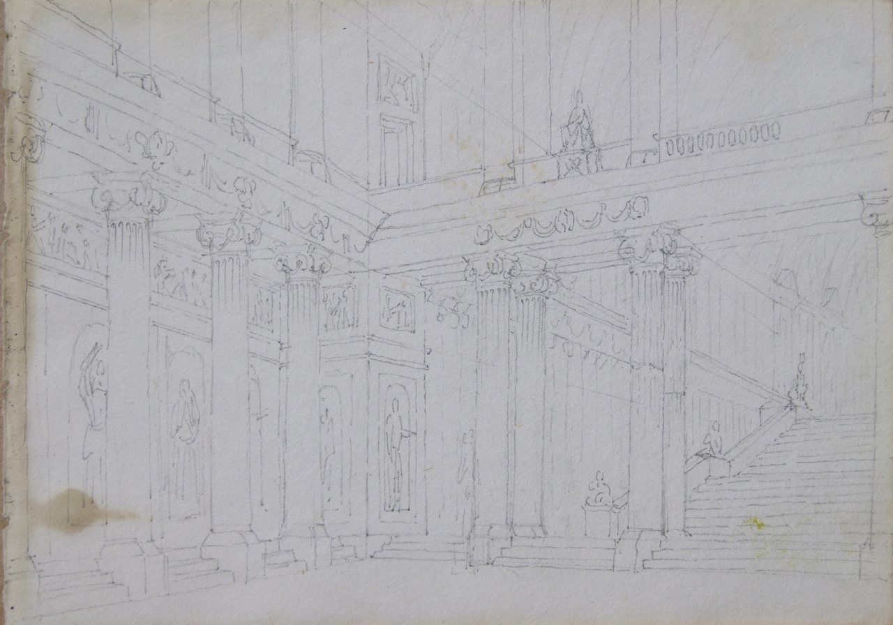 Disegno di scalinata, interno di palazzo con colonne, statue e scalinata, merlatura (disegno) di Aldi Pietro (XIX)
