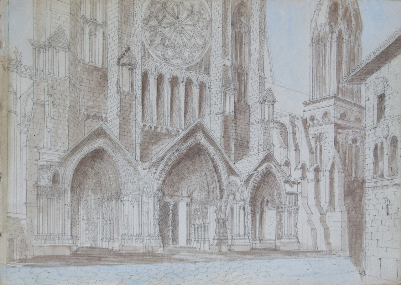 Particolare della facciata della Cattedrale di Chartres e interno di chiesa con sepoltura monumentale, particolare facciata nord con portale della cattedrale di Chartres, architettura gotica con monumento funebre (disegno) di Aldi Pietro (XIX)