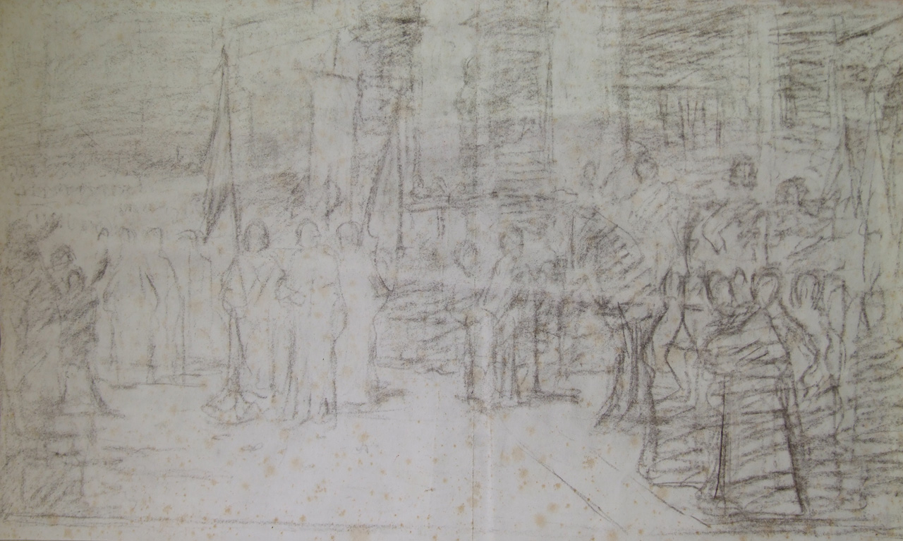 Studio per scena storica e ritratto di donna, architetture e figure, ritratto di donna (disegno) - ambito toscano (prima metà XX)