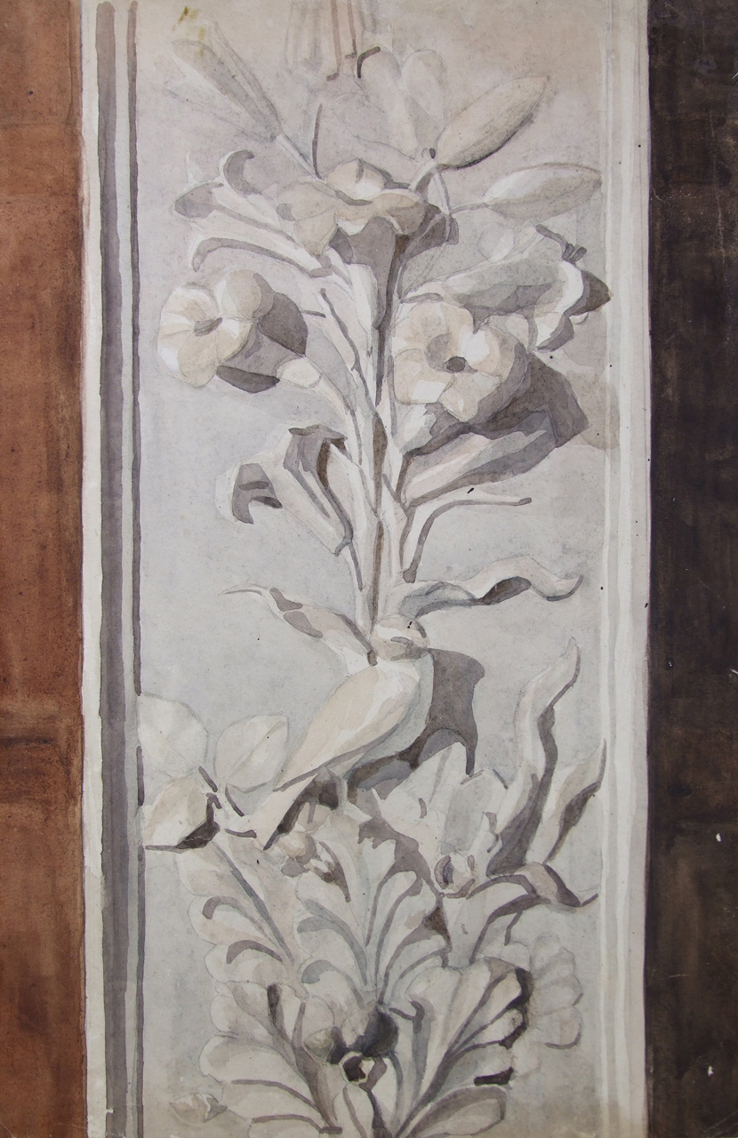 Studio di candelabra con gigli, studio di cornice con motivo decorativo vegetale e uccellino (disegno) di Aldi Pietro (XIX)