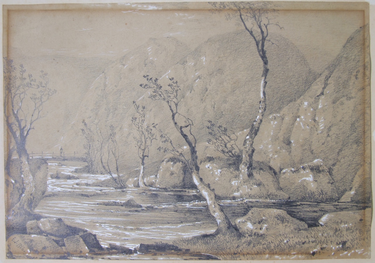 Waters Meet, Lynton, paesaggio fluviale con rocce, ponte e figura (disegno) - ambito anglosassone (XIX)
