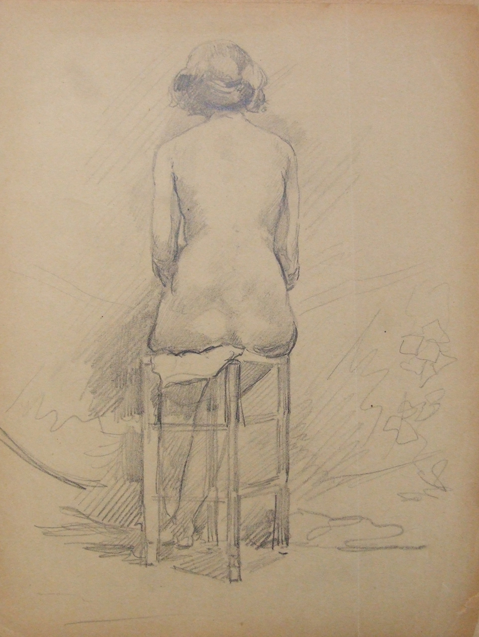 Studio di nudo femminile di schiena, nudo femminile seduto veduto da dietro (disegno) di Aldi Pietro (XIX)
