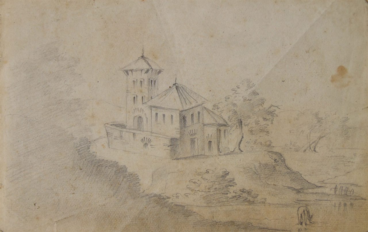 paesaggio fluviale con castello, piante e cerbiatto (disegno) di Aldi Pietro (XIX)