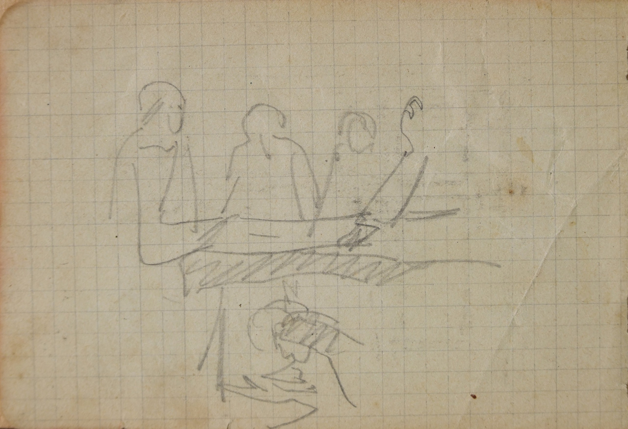 Schizzi vari, cena in casa di Simone il Fariseo (?), decorazione di parete (?) (disegno) di Aldi Pietro (XIX)