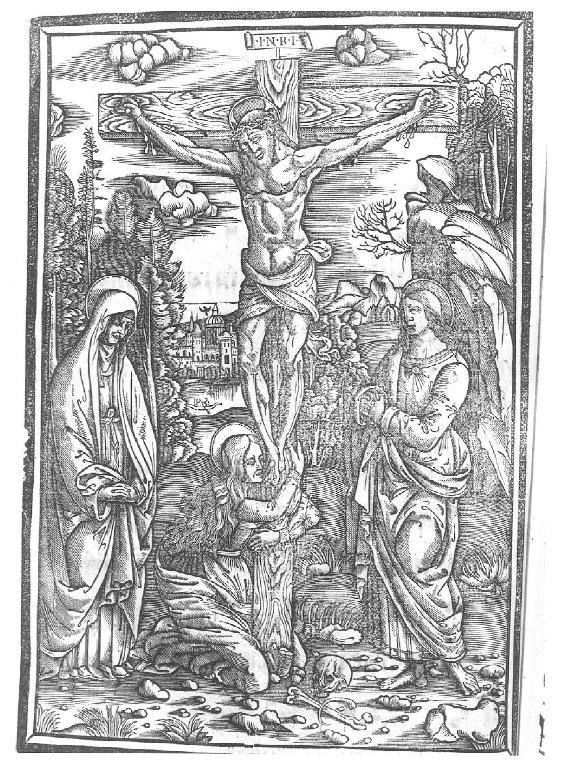 crocifissione di Cristo con la Madonna e Santa Maria Maddalena (stampa, elemento d'insieme) - AMBITO PADOVANO (metà sec. XVI)