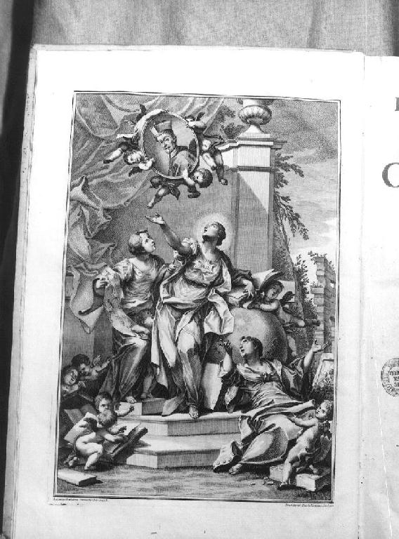 angeli reggenti un tondo con ritratto e figure allegoriche femminili (stampa) di Balestra Antonio, Zucchi Francesco (sec. XVIII)