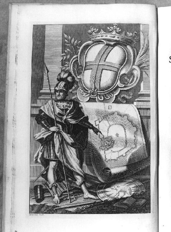 Marte con pianta della città di Lucca (?) (stampa) di Ferroni Gerolamo (sec. XVIII)