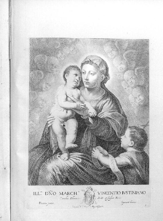 Madonna con Bambino e San Giovannino (stampa, elemento d'insieme) di Vecellio Tiziano, Bloemaert Cornelis il Giovane (sec. XVII)