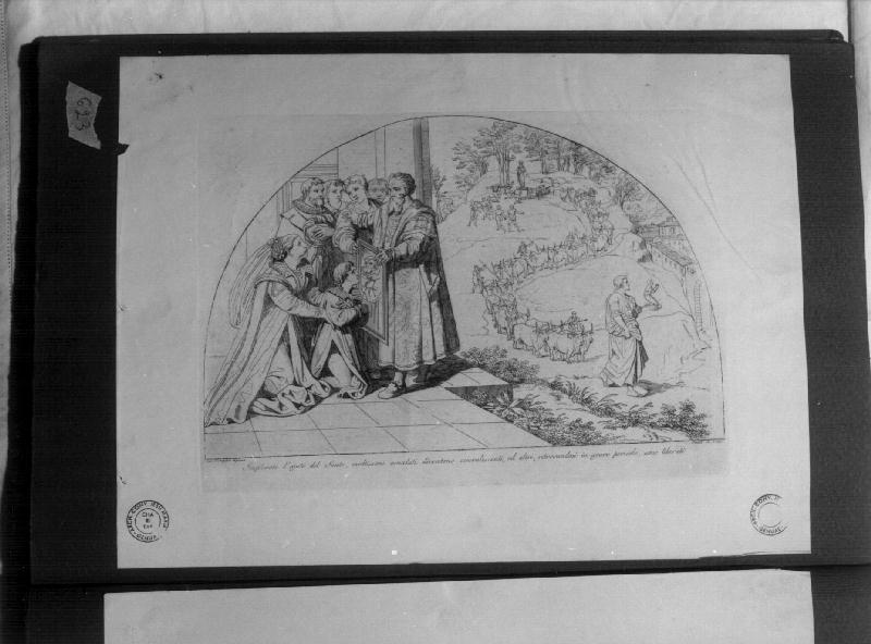 MOLTISSIMI MALATI GUARISCONO AVENDO IMPLORATO L'AIUTO DI SAN FRANCESCO DI PAOLA (stampa) di Pinelli Bartolomeo, Cesari Giuseppe detto Cavalier d'Arpino (secc. XVIII/ XIX)