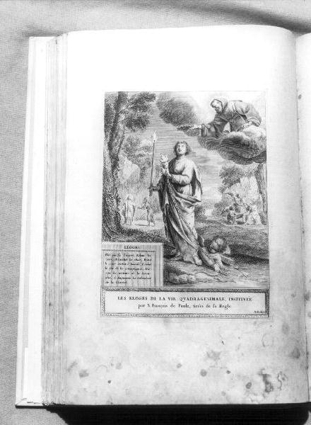 San Francesco di Paola incorona la Castità (?) (stampa) di De Poilly Nicolas I (seconda metà sec. XVII)