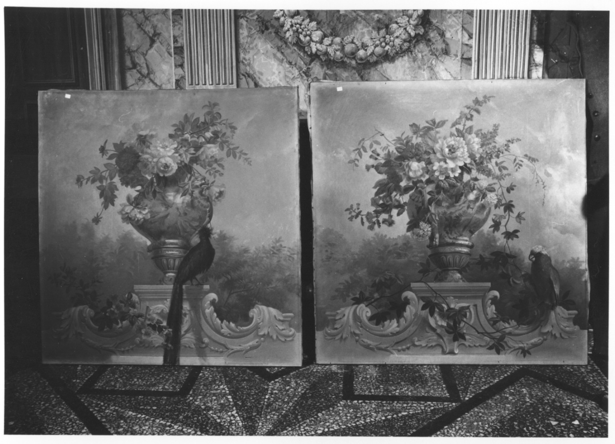 Vasi di fiori e uccelli (sovrapporta, serie) di Ferri Augusto - produzione piemontese (terzo quarto sec. XIX)
