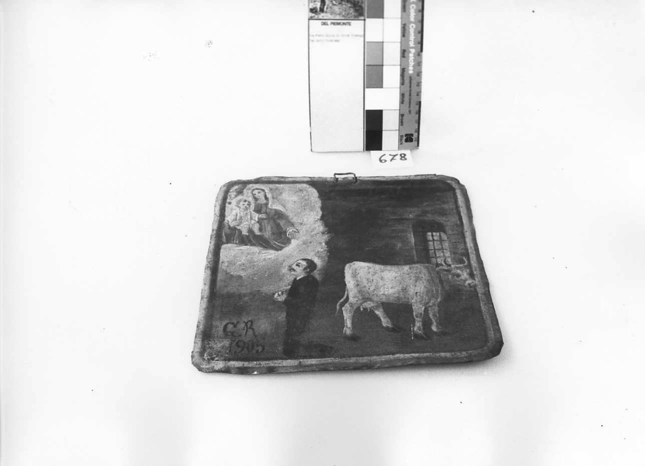 Apparizione di Maria Vergine con il Bambino a un uomo inginocchiato affiancato da una mucca (ex voto) - ambito piemontese (1905)