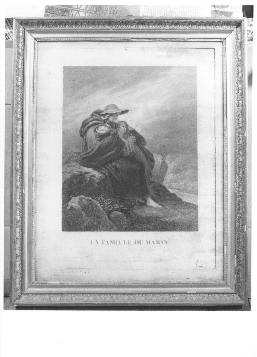 donna con due bambini in riva al mare (stampa) di Girard François, Scheffer Ary (sec. XIX)