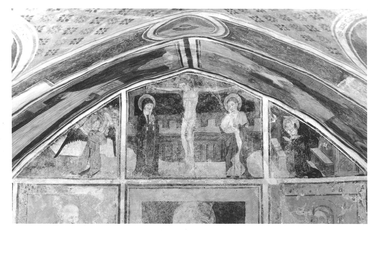 crocifissione di Cristo con la Madonna e San Giovanni Evangelista (dipinto, complesso decorativo) - ambito monregalese (ultimo quarto sec. XV)