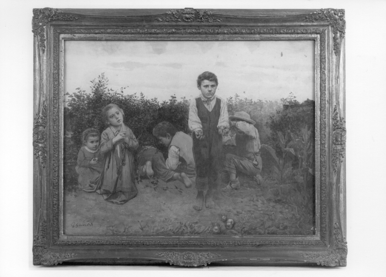 sorpresi, bambini che raccolgono frutta (dipinto, opera isolata) di Gandi Giacomo (terzo quarto sec. XIX)