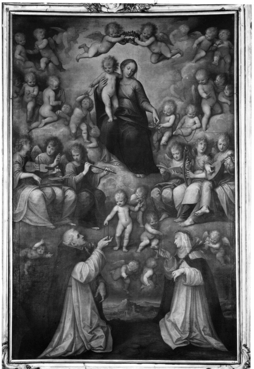 Madonna del Rosario con San Domenico e Santa Caterina da Siena (dipinto, opera isolata) di Caccia Guglielmo detto Moncalvo (inizio sec. XVII)