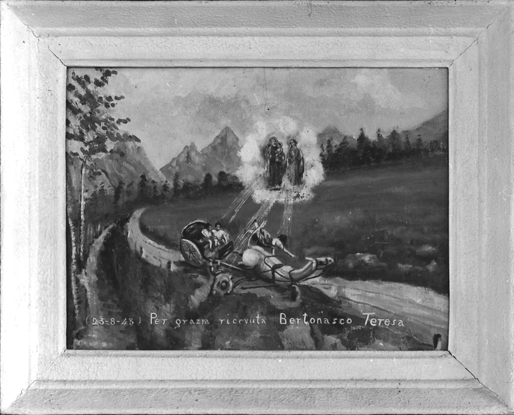 Sacra Famiglia intercede per incidente con una carrozza (ex voto, opera isolata) - ambito astigiano (secondo quarto sec. XX)