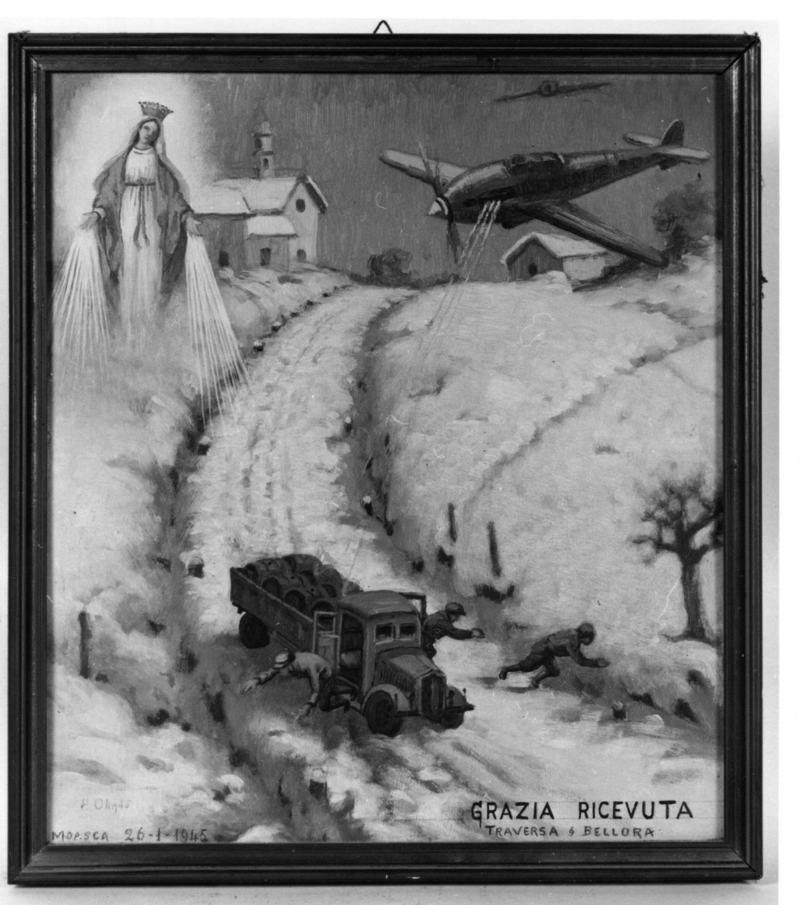 Madonna delle Grazie intercede per episodio bellico (ex voto, opera isolata) di Olindo Piero (secondo quarto sec. XX)