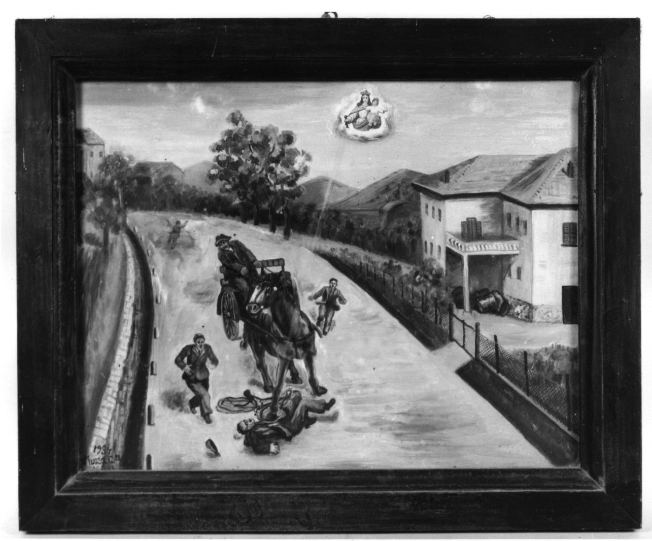 Madonna delle Grazie intercede per incidente con il carro (ex voto, opera isolata) - ambito alessandrino (secondo quarto sec. XX)