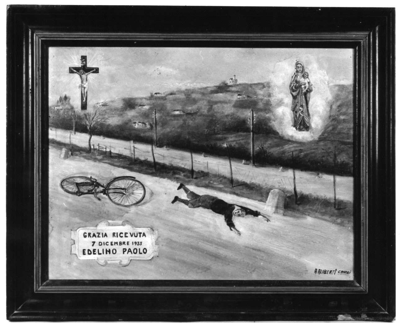 Madonna delle Grazie intercede per incidente con la bicicletta (ex voto, opera isolata) di Aliberti A (secondo quarto sec. XX)