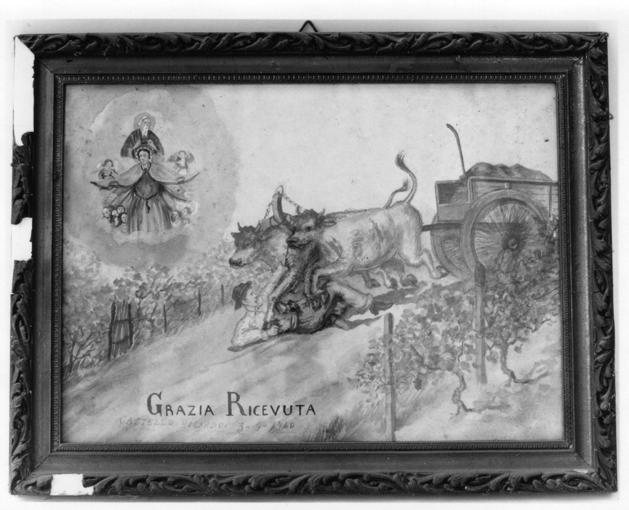 Madonna intercede per incidente con un carro (ex voto, opera isolata) - ambito astigiano (prima metà sec. XX)