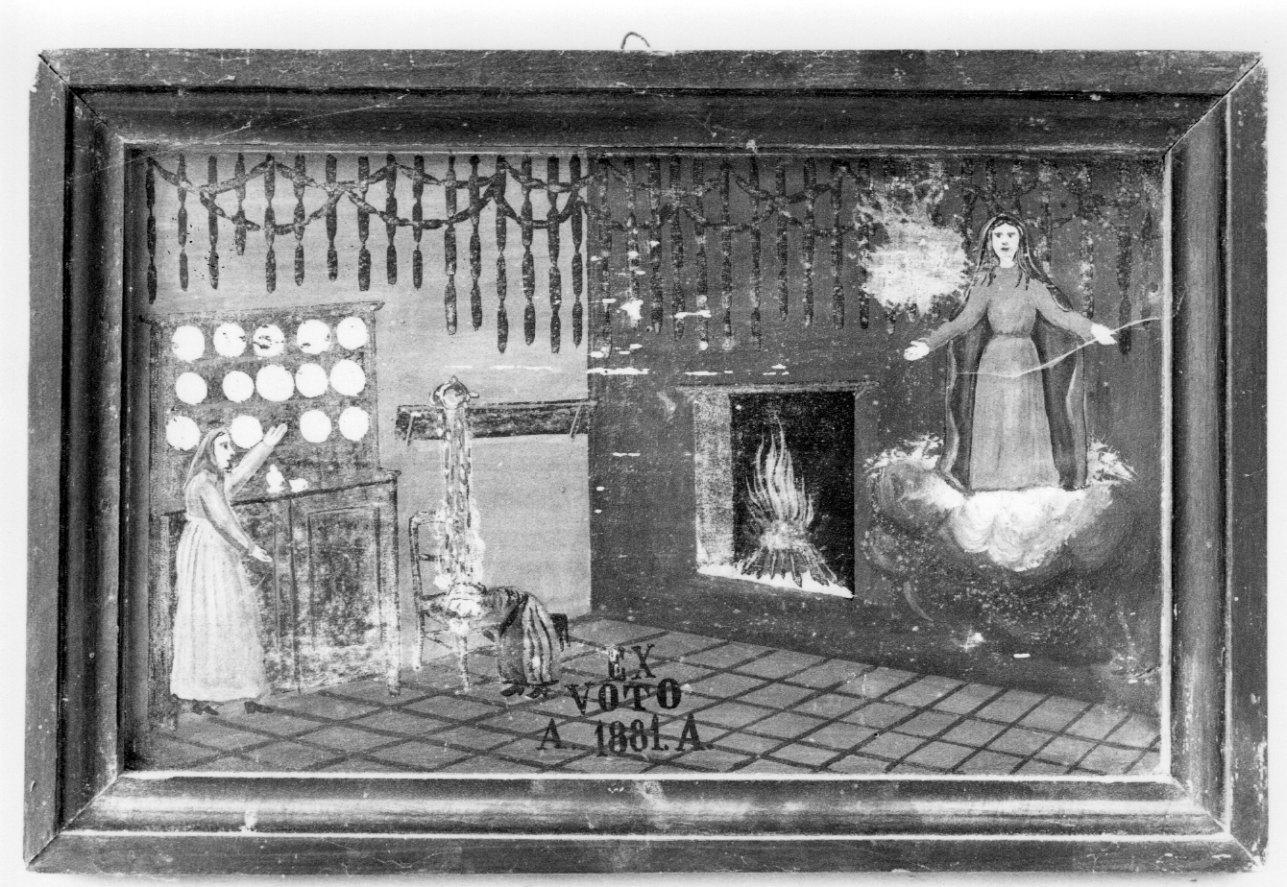 Madonna della Misericordia intercede per incidente domestico (ex voto, opera isolata) - ambito astigiano (ultimo quarto sec. XIX)