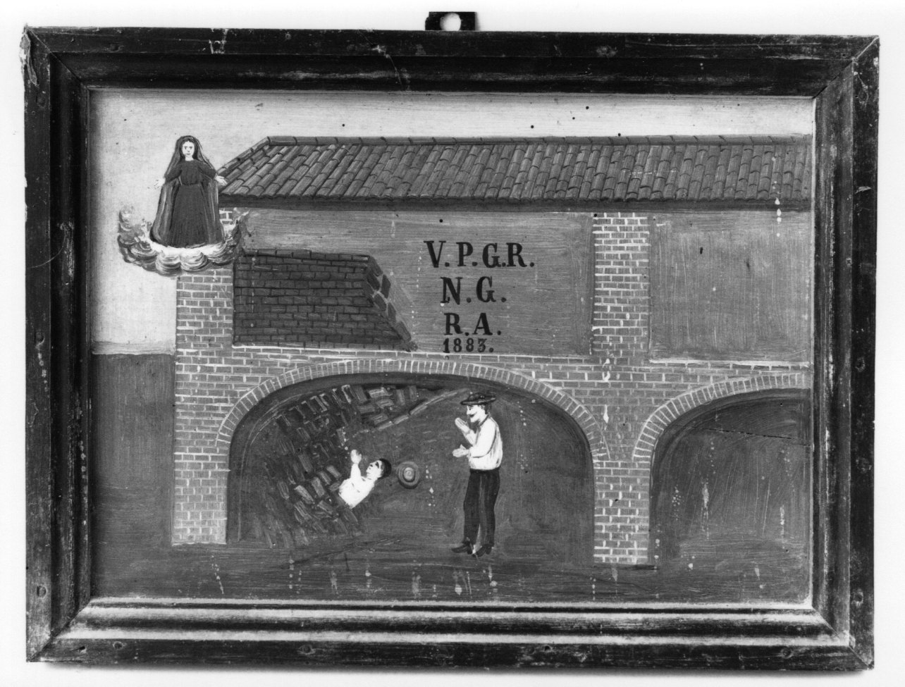 Madonna della Misericordia intercede per infortunio nel fienile (ex voto, opera isolata) - ambito astigiano (ultimo quarto sec. XIX)